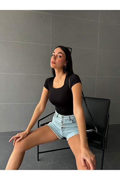 minaaise Siyah Kare Yaka Kısa Kollu Slimfit Basic Body 27174