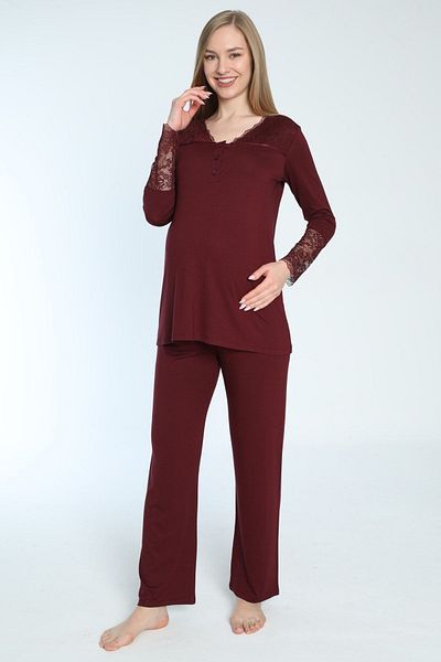 Miss Dünya Lissa Dark Burgundy Lace Detailed Nursing Pajamas Set for Pregnant and Maternity