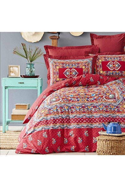 Karaca Home طقم غطاء لحاف مزدوج من القطن الأحمر - لوحة محور