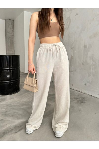 BİKELİFE Leinen Sommerhose für Damen - Elastischer Bund, Taschen, Weiter Schnitt