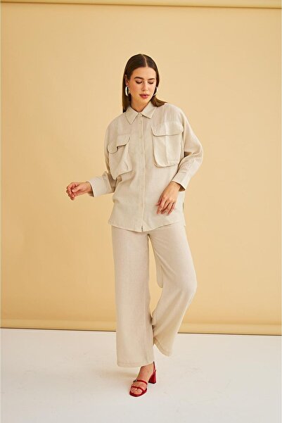Basicpark Meva Pocket Bat Sleeve Linen Stone Shirt Trousers Set