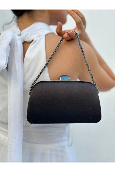 Sh Poly حقيبة يد نسائية من الساتان الأسود للسهرة - حقيبة كتف ليلية لحفلات الز...