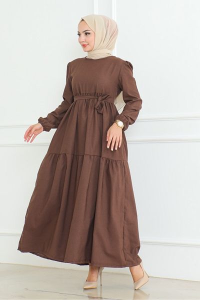 Bestenur Hijab Dress - Akel Layered, Full Length, Belted, Brown 281