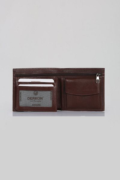 DERKON Flat Genuine Leather Brown Men's Wallet with Zipper Detail
