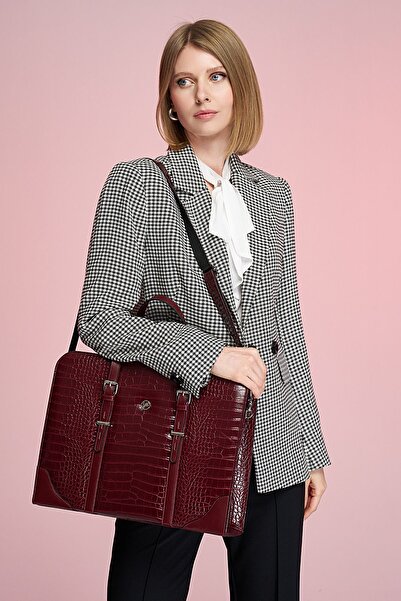 deridense Γυναικεία Τσάντα Laptop Χαρτοφύλακας Claret Red Crocodile
