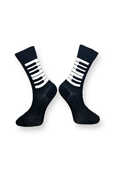 Mevo Single Piano Patterned Black Color Unisex Flexible Moisture Cotton Socks