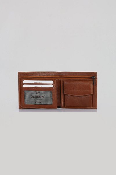 DERKON Tan Colored Genuine Leather Flat Men's Wallet - Zipper Detailed