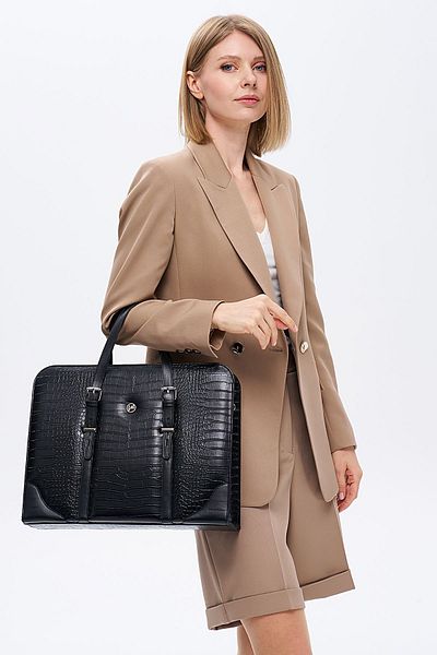 deridense Women's Briefcase Laptop Bag Black Crocodile