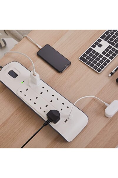 Belkin 8 Way/8 Plug Surge Protection Strip, 2m Cord, Heavy Duty Extension Socket with 2.4A Shared USB Ports