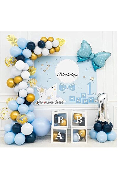 BİDOLUMUTLULUK Baby Yazılı Balon Kutusu Seti Mavi Fiyonklu Doğum Günü Kutlama...
