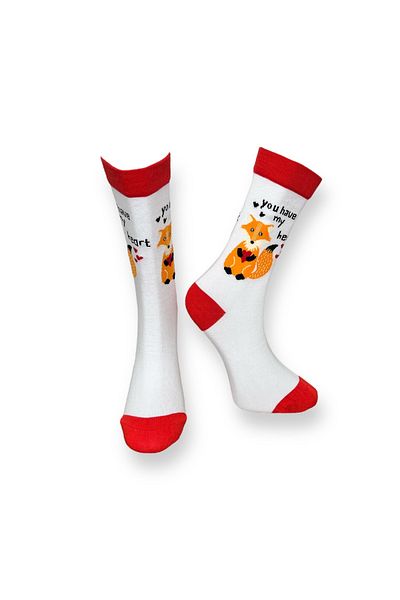 Mevo Single White Color Fox Patterned Unisex Flexible Moisture Cotton Socks