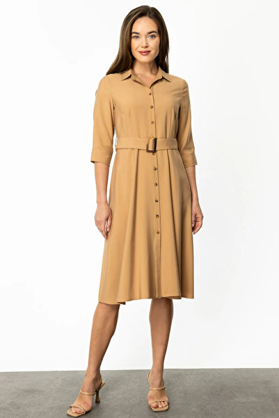 Ekol Gömlek Yaka Düğmeli Kemerli Elbise