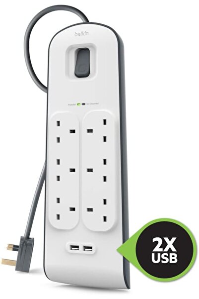 Belkin 6 Plug Surge Protector with 2M Cord, 2x2.4A USB Ports - Heavy Duty Extension Socket
