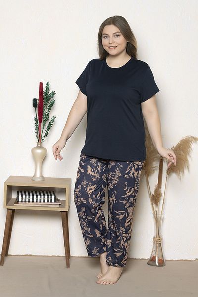 MyBen Large Size Navy Blue Colored Flower Patterned Short Sleeve Oversize Pajamas Set B-7
