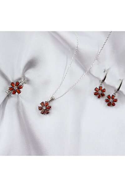 Gezer Kuyumculuk Lotus Çiçeği Gümüş Takı Seti, Kırmızı Takı Seti, Ruby Yüzük ...