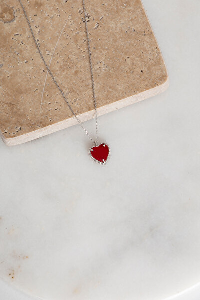 klas gümüş GÜMÜŞ KALPLİ AŞK KOLYE KIRMIZI TAŞLI RODAJ