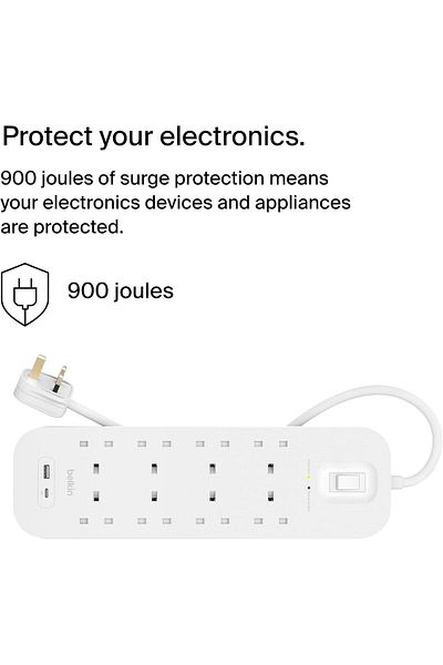 Belkin واقي من التيار الكهربائي بـ 8 منافذ، قابل للتركيب على الحائط، سلك بطول 2 متر، منافذ USB-C/USB-A، 900 جول، شحن سريع