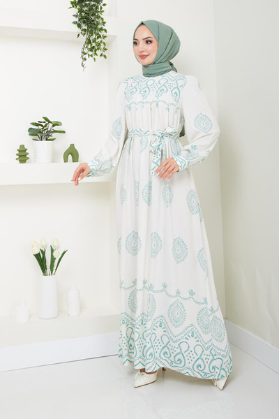 Ayşe Melek Turquoise Linen Evening Dress - Patterned Long Hijab Dress 15143