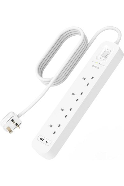 Belkin واقي من زيادة التيار الكهربائي بأربعة منافذ، قابل للتركيب على الحائط، سلك بطول 2 متر، منافذ USB-C/USB-A، حماية 525 جول، شحن سريع