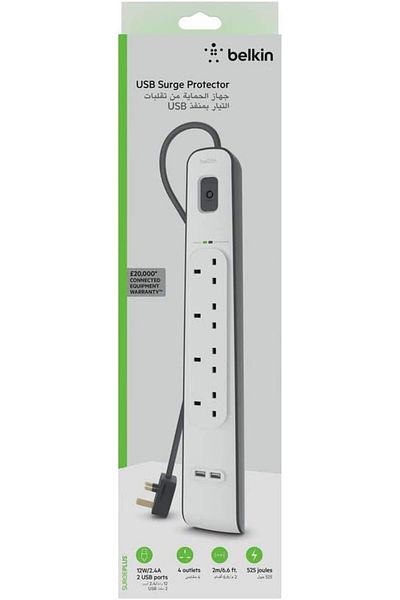 Belkin واقي من التيار الزائد بأربعة مقابس مع سلك بطول 2 متر، 2 منفذ USB بقوة 2.4 أمبير - مقبس تمديد عالي التحمل، أبيض
