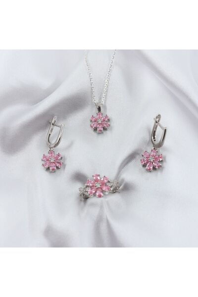 Gezer Kuyumculuk Lotus Çiçeği Gümüş Takı Seti, Pembe Takı Seti, Yüzük - Küpe ...