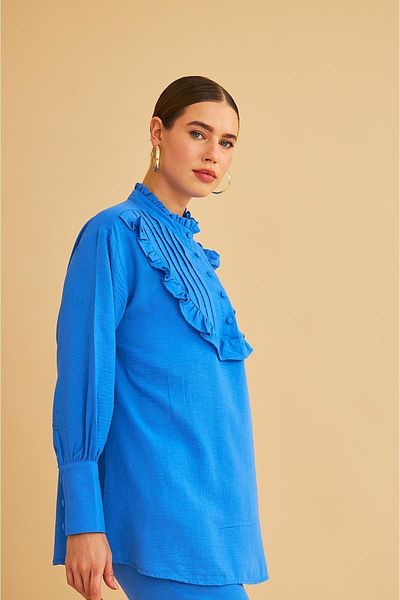 Basicpark Set de pantaloni cu tunică albastră din in, cu cusături ornamentale și cu nasturi, cu volan