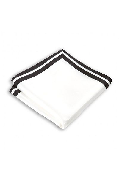1001 Kravat White Colored 33 x 33 cm Silk Pocket Handkerchief with Black Edge Stripes