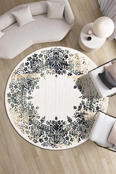 Angorahome Ethnic Dokuma Makine Halısı 1922NVY  Yuvarlak