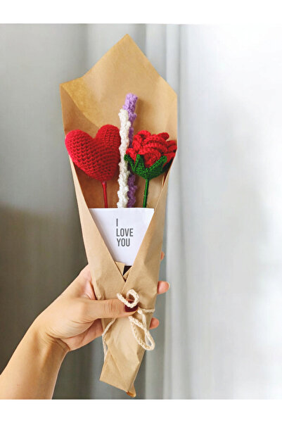 PERFECT Solmayan Çiçek Buketi Örgü Buket Gül Kalp Özel Notlu