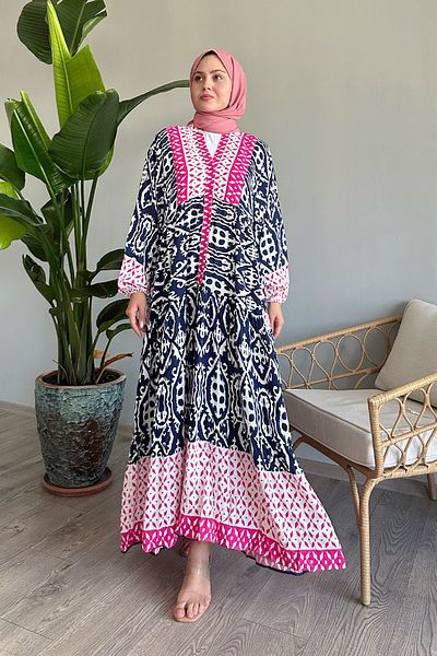 InStyle Μπλε φόρεμα από βισκόζη - με σχέδιο και μπαλόνι μανίκι