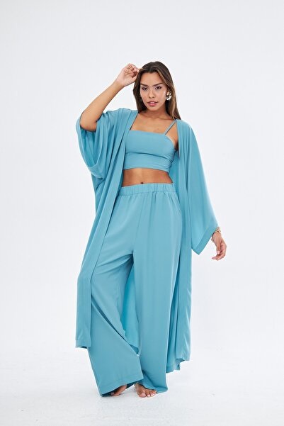 GIA - ART طقم كيمونو 3 قطع بوستير لون بترولي من الأعلى والأسفل (MEDINA SILK)