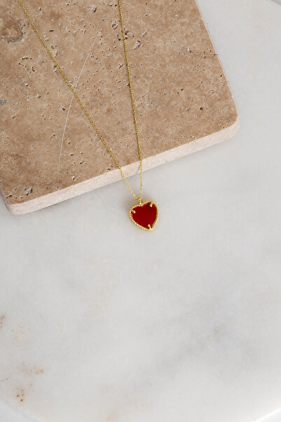 klas gümüş GÜMÜŞ KALPLİ AŞK KOLYE KIRMIZI TAŞLI GOLD