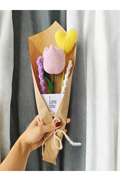 PERFECT Solmayan Çiçek Buketi Örgü Buket Lale Kalp Özel Notlu