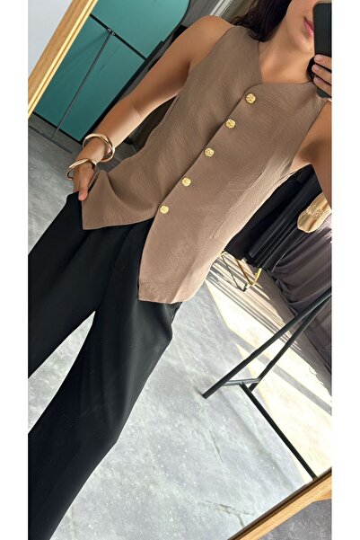 Laluvia Brown Gold Vest - Buttoned Design