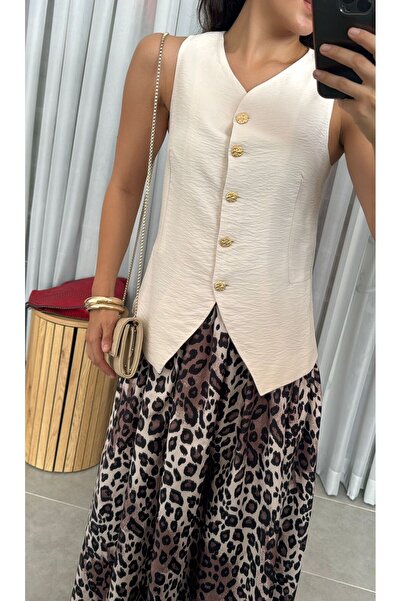 Laluvia Beige Gold Vest - Buttoned Design