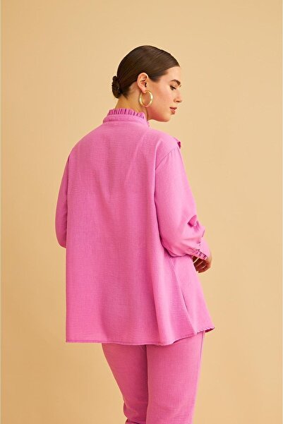 Basicpark Jade Ornamental Stitched and Buttoned Ruffle Collar Linen Pink Tunic Trousers Set