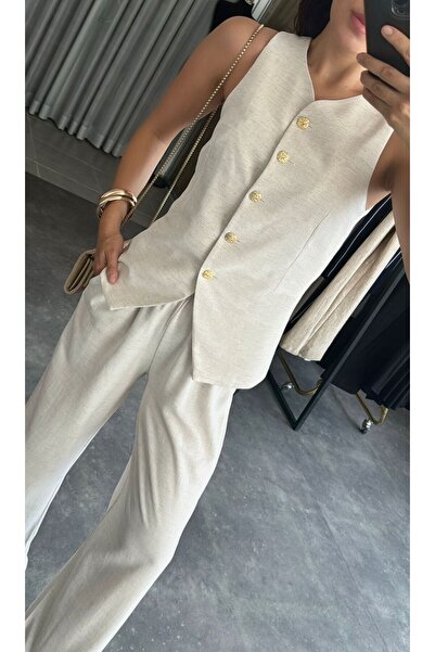 Laluvia Beige Gold Vest - Buttoned Design