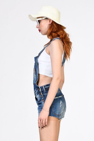 What's Up Whatsup Askılı Salopet Denim Şort Tulum