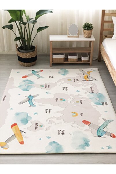 Evmila Dijital Baskılı Kaymaz Taban Yıkanabilir Uçak Desenli Çocuk Ve Bebek O...