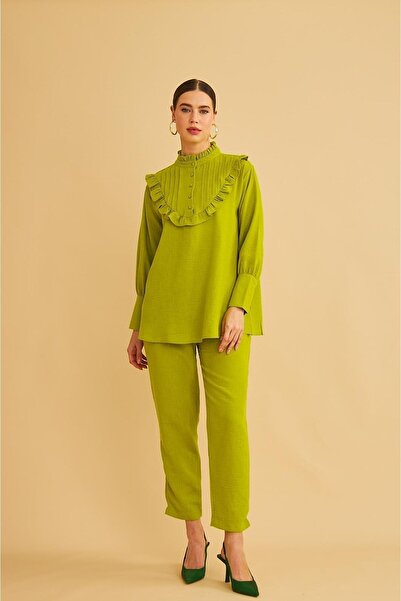 Basicpark Jade Ornamental Stitched and Buttoned Ruffle Collar Linen Olive Tunic Trousers Set