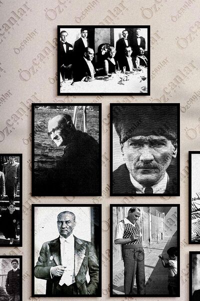 ÖZCANLAR ÇERÇEVE Çerçevesiz Çerçeve Görünümlü Atatürk Fotoğrafları 12 Parça Mdf Tablo Seti Çoklu Baskı Seti Mdf Baskı