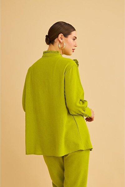 Basicpark Jade Ornamental Stitched and Buttoned Ruffle Collar Linen Olive Tunic Trousers Set