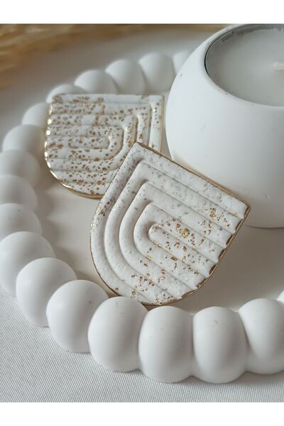 La fee aksesuar çelik küpe çivi - gold detay beyaz polimer kil küpe el yapımı