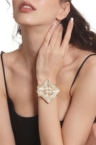 LABALABA Women's Lacquer Gold Color Plated Adjustable Open Band Mesh Textured Geometric Figured Bracelet