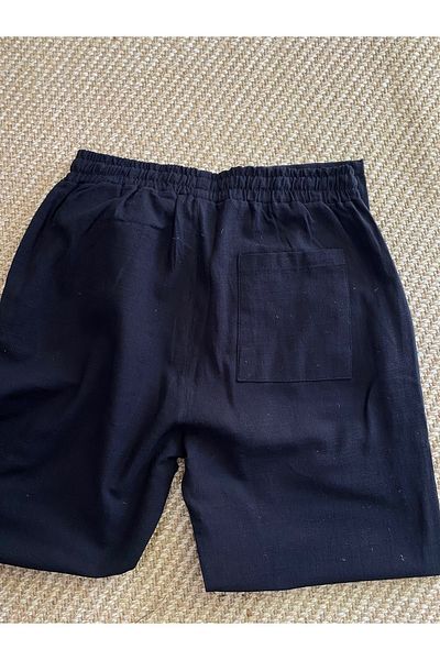 EmirFashion Unisex Summer Elastic Waist Linen Trousers Comfortable Fit Cool Holding Drawstring Black Linen Pants