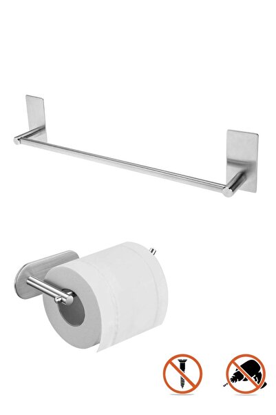 DELTAHOME Paslanmaz Çelik 50cm Havluluk Ve Tuvalet Kağıtlığı Set - Yapışkanlı...