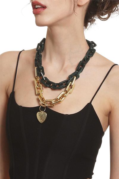 LABALABA Women's Thick Chain Shaped Heart Charm Green & Gold Color Acrylic Design Necklace