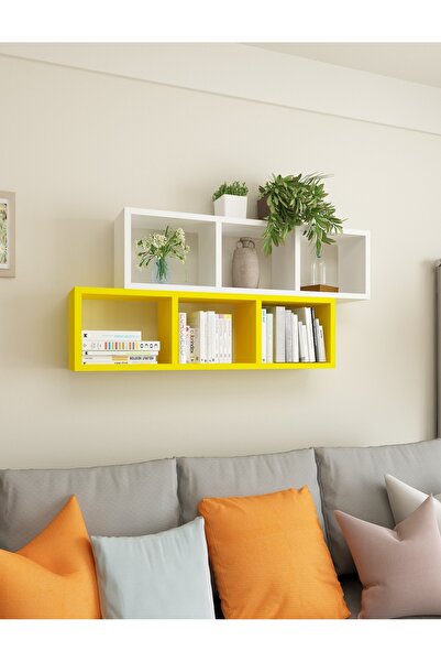 Dekormer Design Kitaplık Ofis Duvar Rafı Renkli Ikili Takım Sarı Beyaz