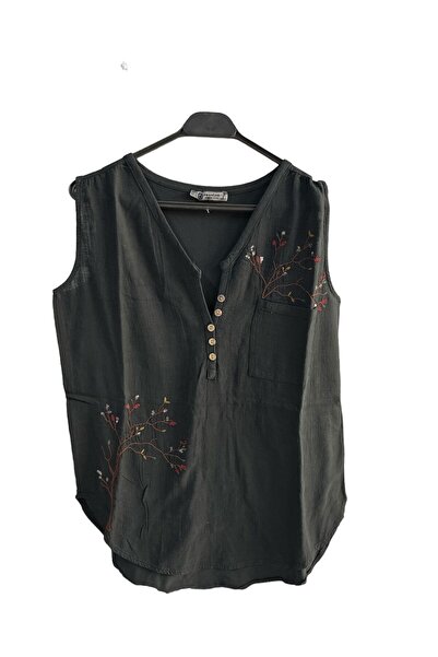 Rosidam Чорна блузка без рукавів з вишивкою - з ґудзиками