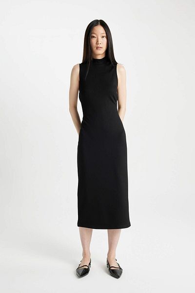 DeFacto Bodycon Body-Hugging Basic pevné poloviční roláky černé midi šaty bez rukávů Y8841Az23Au